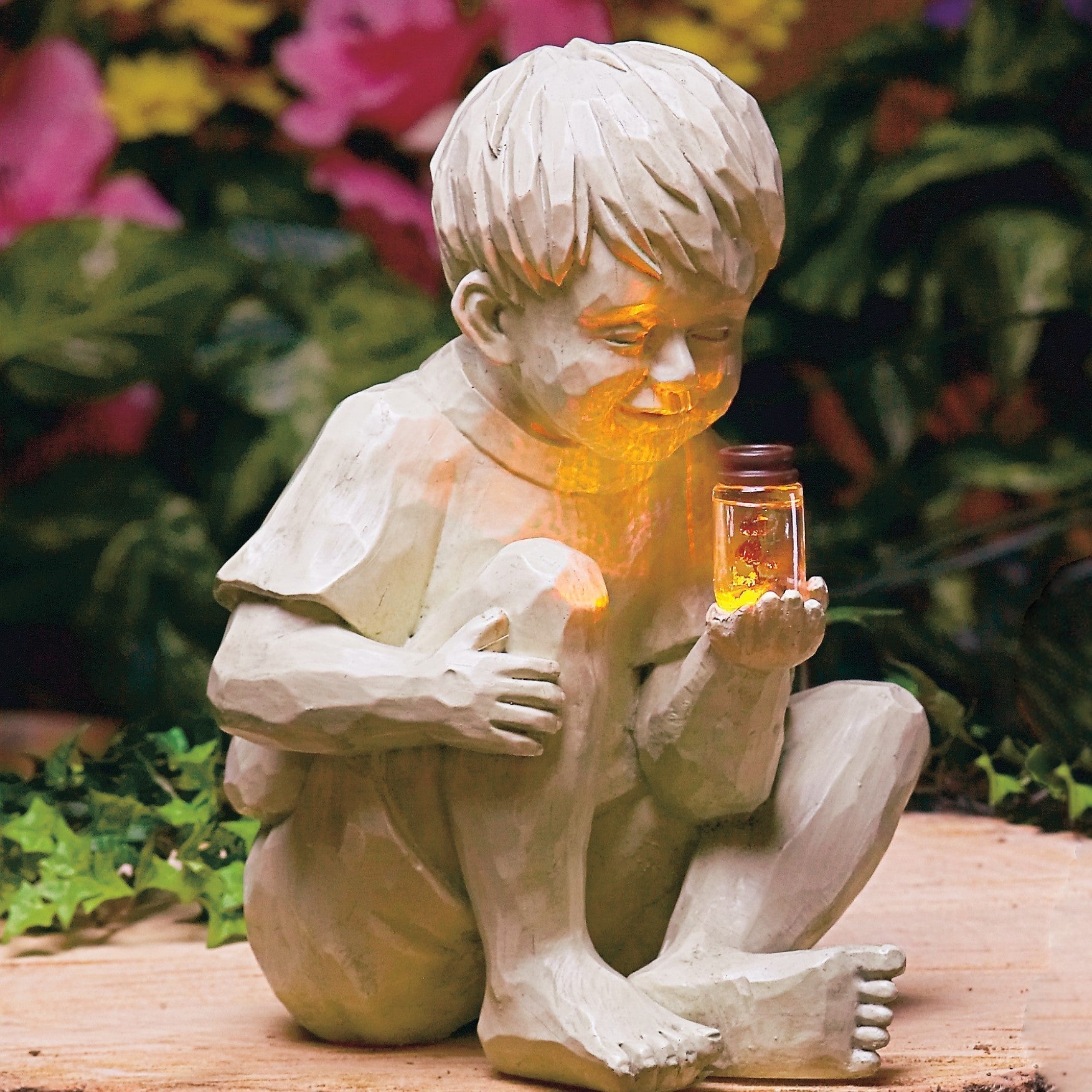 Boy & Girl Solar Lighted Fireflies Jar Light Statues Lawn Yard Garden Decor
