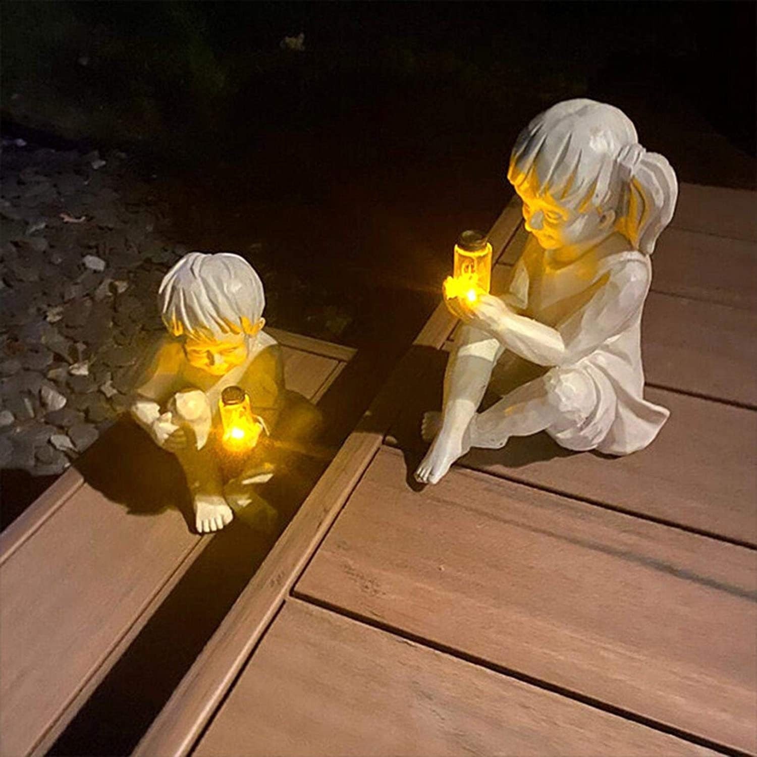 Boy & Girl Solar Lighted Fireflies Jar Light Statues Lawn Yard Garden Decor